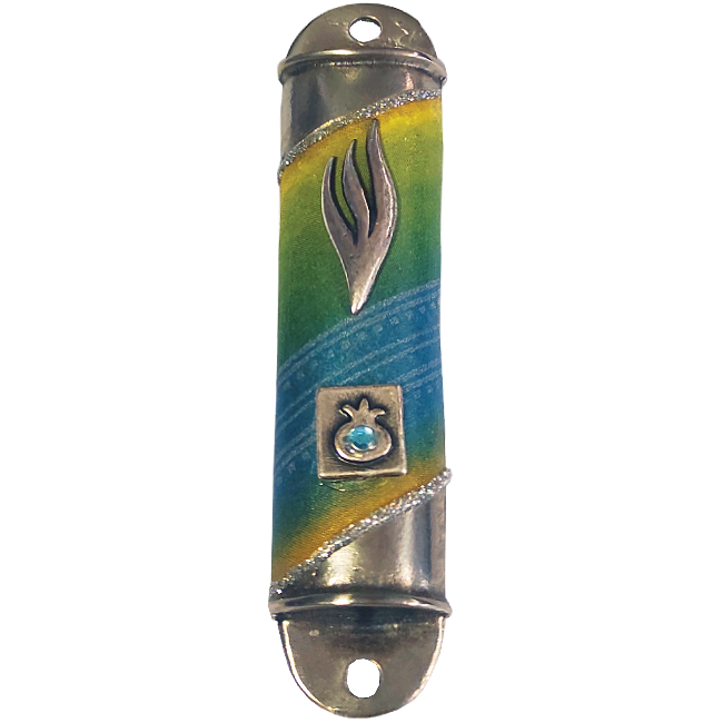 Painted Green and Yellow Pewter Mezuzah